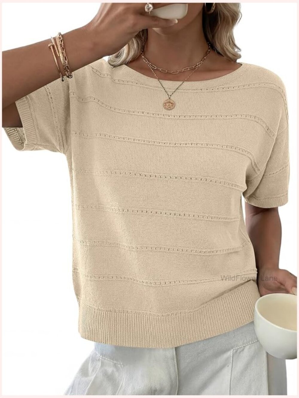 Women Short Sleeve Crochet Sweater Boat Neck Lightweight Business Casual Top
